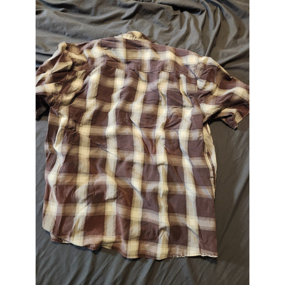 HOBIE Shirt Men's Brown Large Plaid Short Sleeve Button Front Embroidered READ‎ - Picture 9 of 9